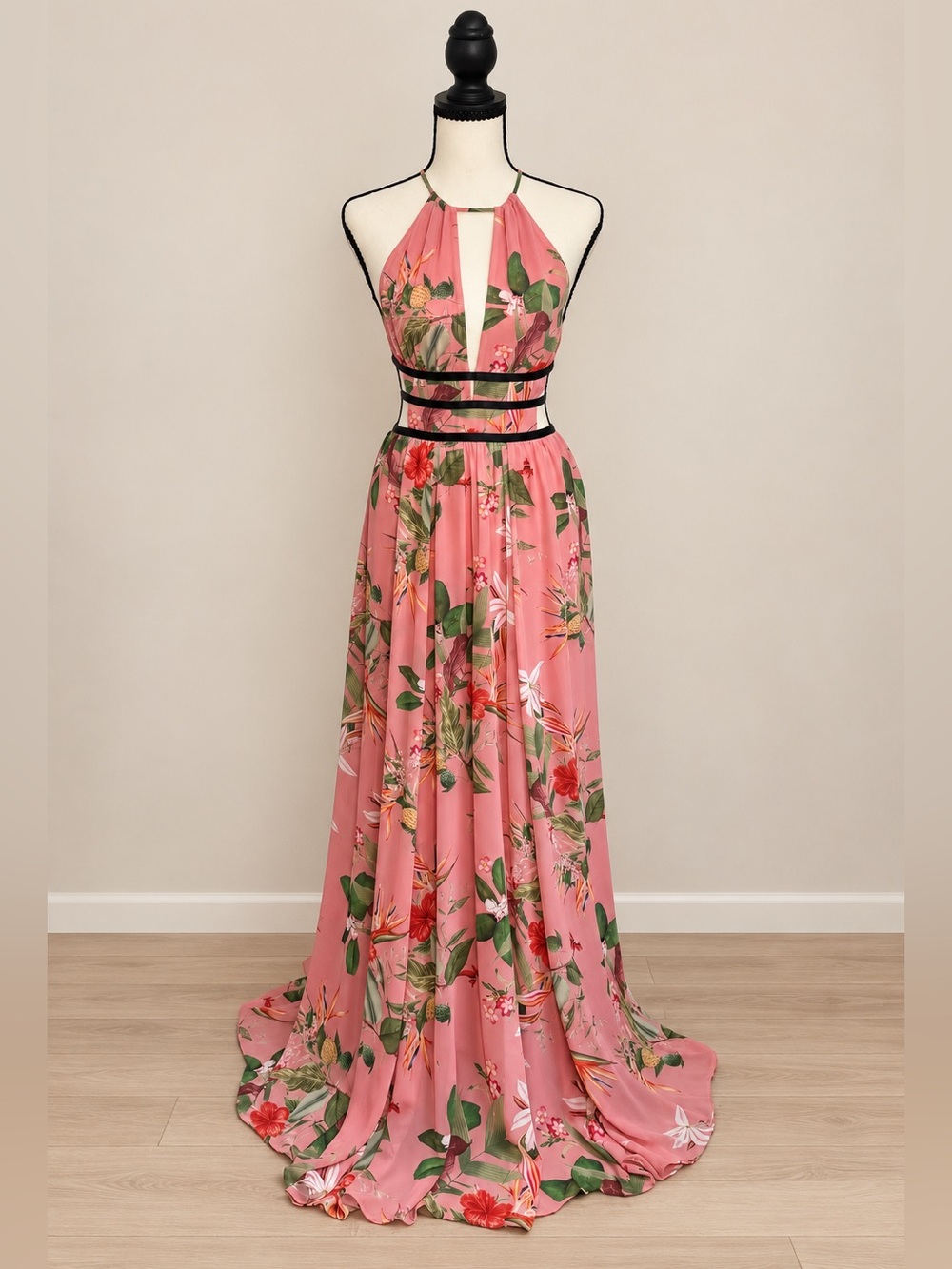 Express Tropical Floral Cutout Halter Maxi Dress Pink Size XS